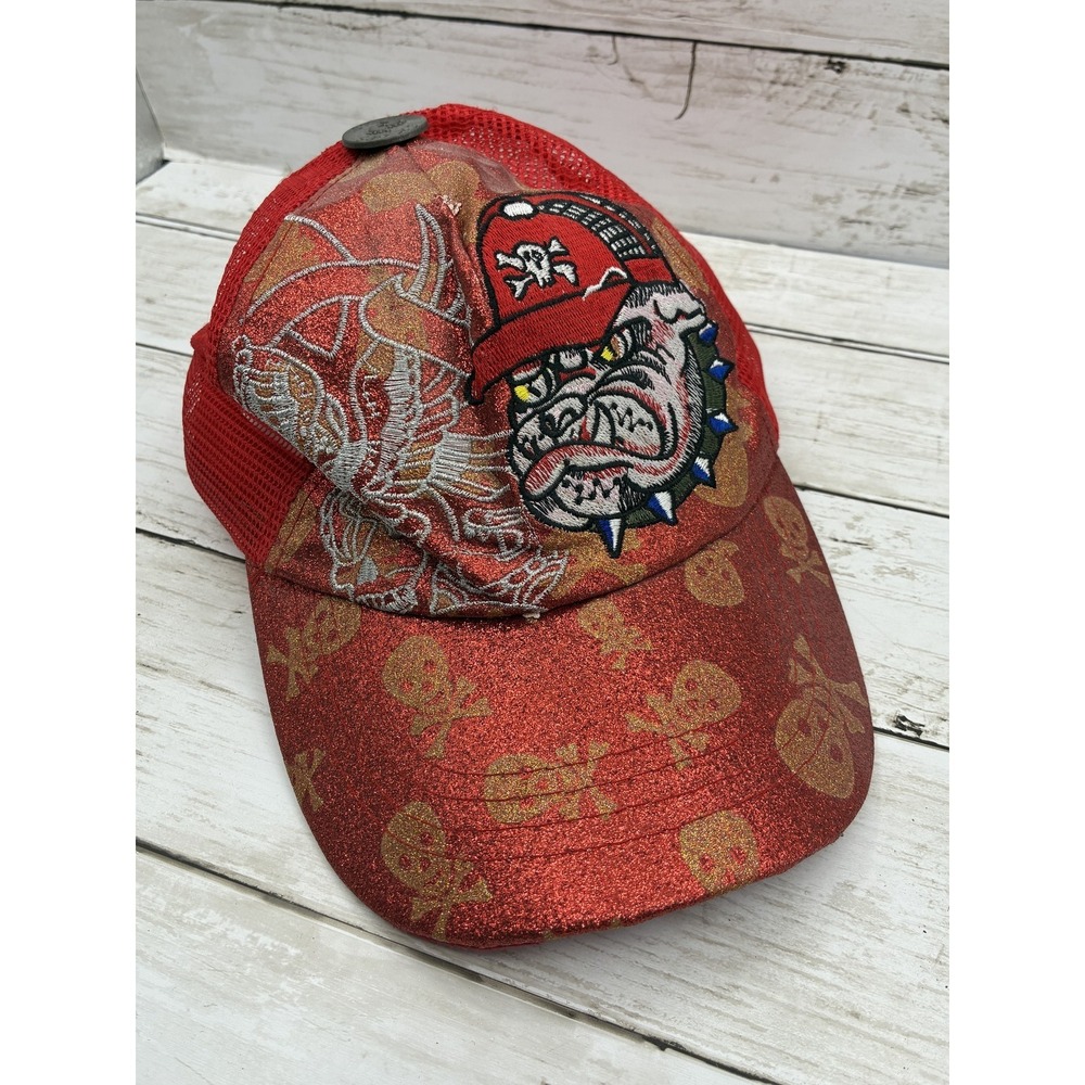 SKips Men's Red Bulldog Trucker Hat Adjustable Snapback Glitter Skull Crossbones